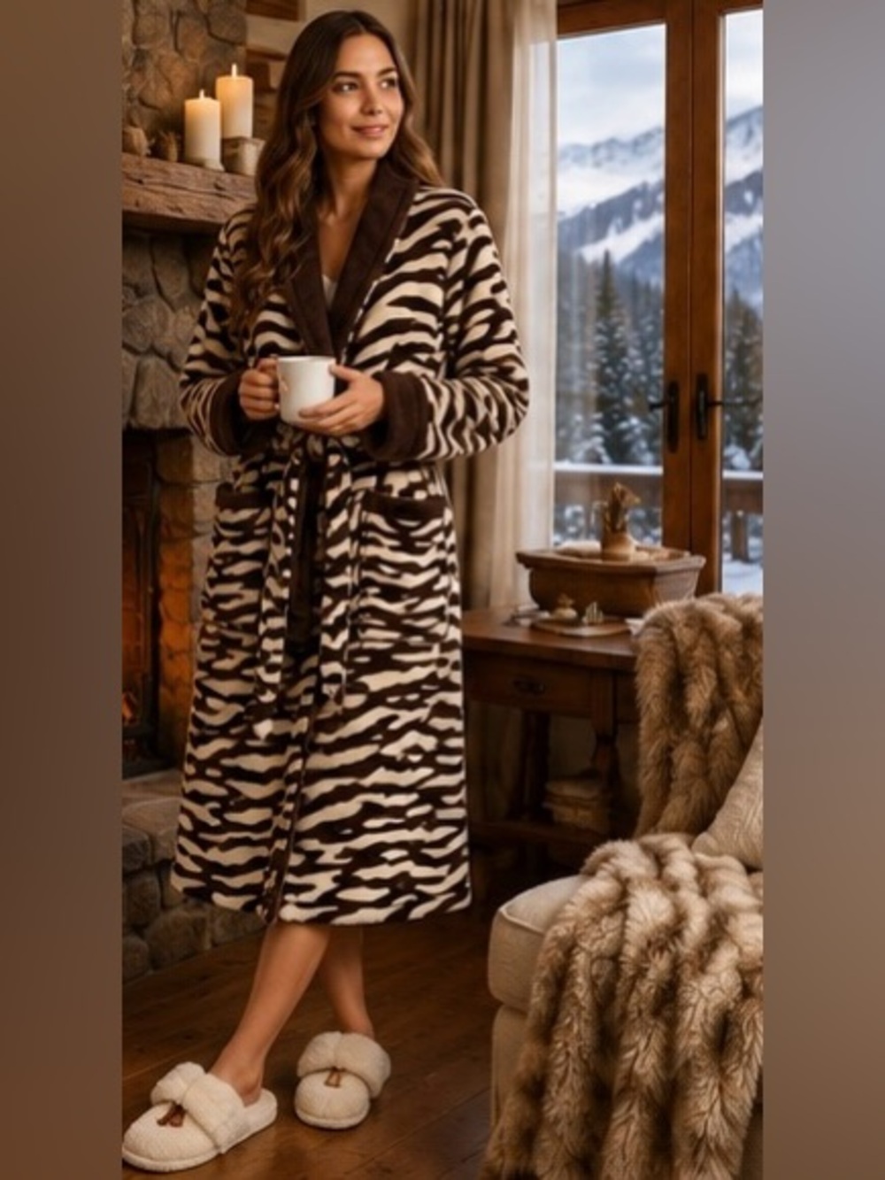 Zebra Plush Fleece Robe Brown Cream Tie Waist Quiet Luxury Buttery Soft Cozy, M